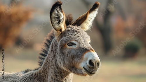  A donkey's face, closely framed, surrounded by a softly blurred backdrop of trees and grass