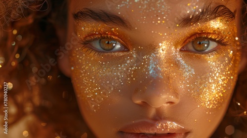 An attractive model face with a gold skin tone, nails, make-up, and accessories. A fashionable women with a golden makeup for the holidays.