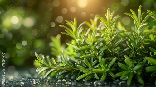 An outdoor garden with fresh rosemary. Rosemary leaves close up. Food ingredients. Seasonings for cooking.