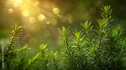 Rosemary herb growing outdoors. Close-up of rosemary leaves. Fresh organic flavoring plants. Seasonings, nature healthy flavoring, cooking. Ingredients for food. © DZMITRY
