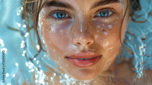 The beautiful spa model has splashes of water over her face. She appears smiling under the splashes of water and has fresh skin over a blue background. The spa model embodies the idea of skin care 
