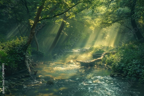 A beautiful stream running through a lush green forest. Perfect for nature backgrounds