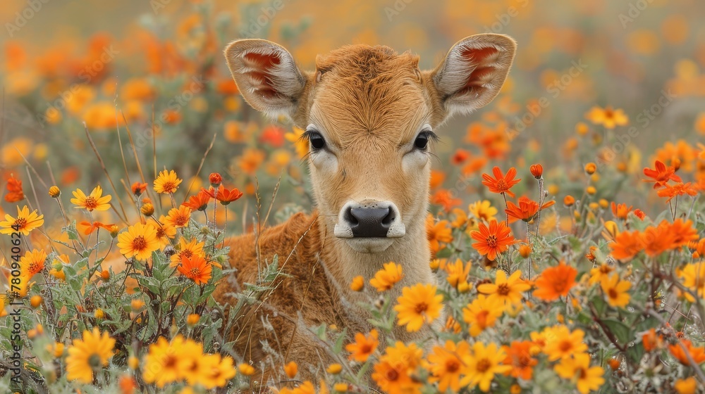   A tight shot of a cow in a flower-filled meadow against an indistinct backdrop of orange and yellow blossoms