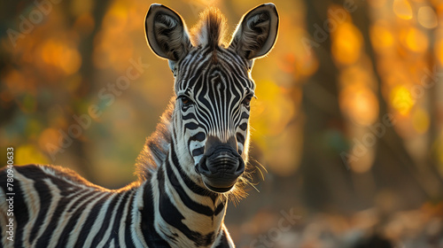 A zebra is standing in a forest with a bright orange and yellow background photo