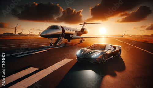 luxurious and sophisticated scene at an airstrip during sunset. The image should feature a high-end private jet and a luxury sports car photo
