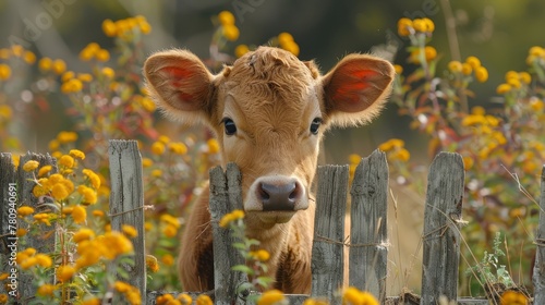  A tight shot of a cow through a fence, surrounded by yellow flowers in the foreground Behind it, an expansive field filled with yellow blooms