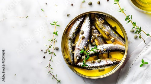 Open tin of sardines in olive oil with capers and thyme on dark rustic wooden background