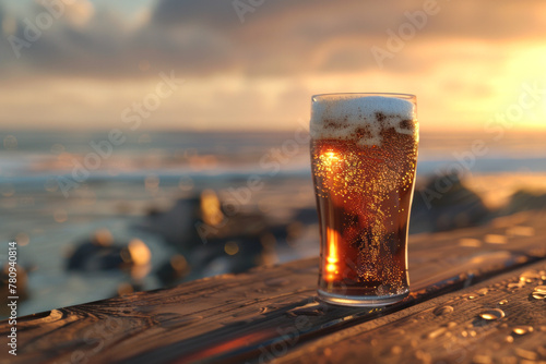 A mug of light beer on the table against the background of a sea or ocean sunset
 photo