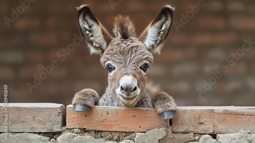   A close-up of a donkey peeking over a brick wall, with a single brick wall in the background © Olga