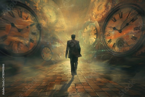 A man walks through a room with clocks on the walls. The clocks are all different sizes and are set at different times. The man is in a hurry, as he is walking quickly through the room