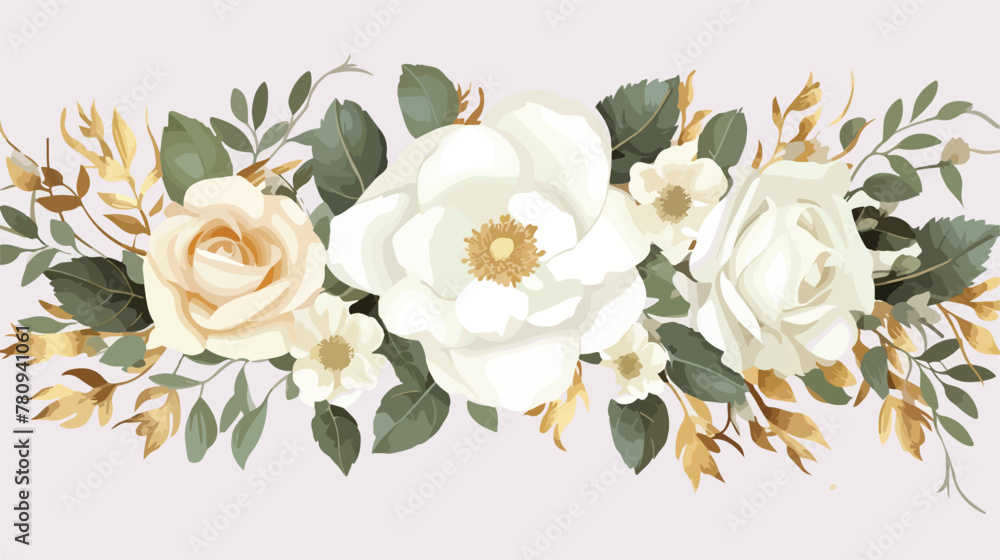 Bouquets frame border. White flowers rose peony gol - obrazy, fototapety, plakaty 