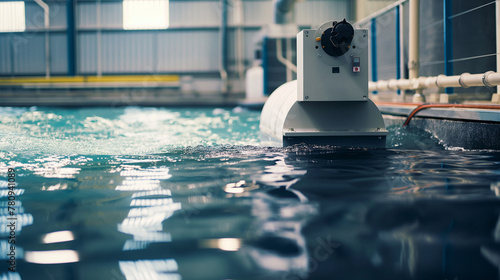 A prototype of a wave energy converter being tested in a marine research facility, with the device emerging from the water. The early morning light casts soft shadows on the innova photo