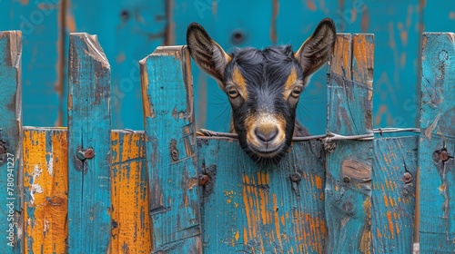  A close-up of a goat with its head poking out from a wooden fence