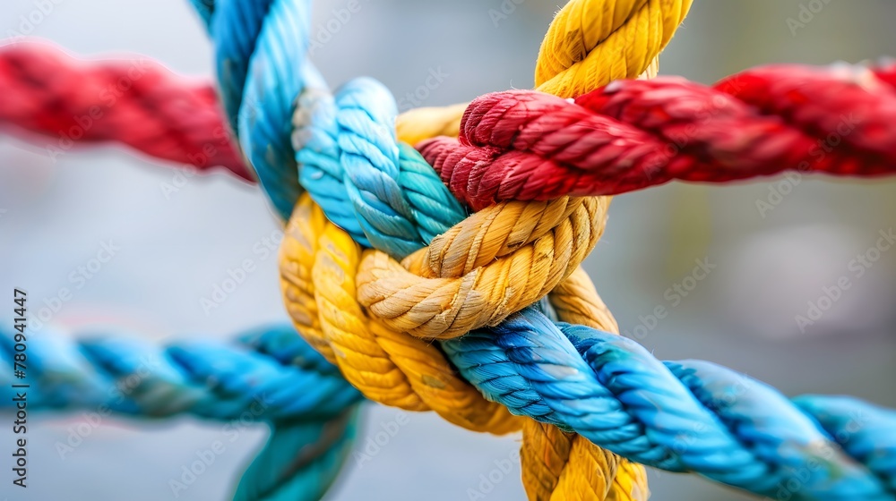 Team rope diverse strength connect partnership together teamwork unity communicate support.