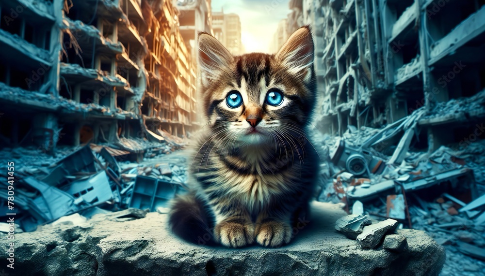 A kitten in a ruined city - obrazy, fototapety, plakaty 