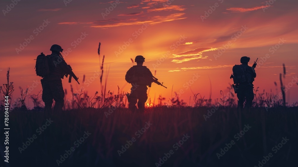 Group of soldiers walking through field at sunset, suitable for military or nature themes