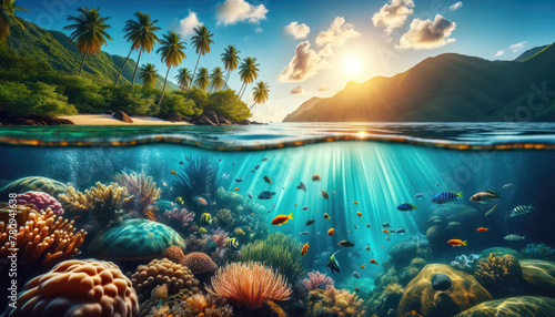 Underwater Coral Reef Above and Below Water View photo