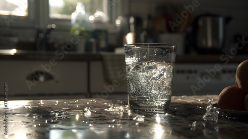 the water glass in the kitchen is filled with water.