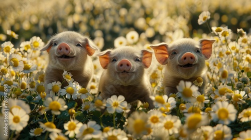  Three little pigs are standing in a field of daisies One pig sticks its head out