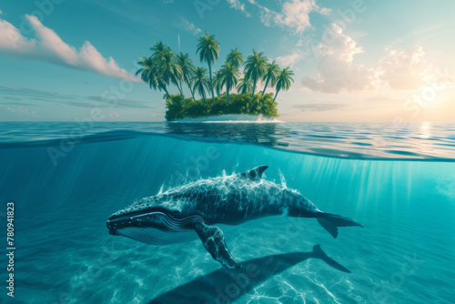 Whale underwater overlooking an island with palm trees and sunset, double view simultaneously underwater and above 