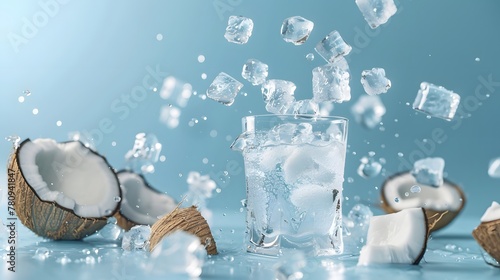 Visual composition of a glass of coconut water with ice cubes scattered in the air. Conceptual theme of fresh coconut in summer refreshing feeling and energized lighting. photo