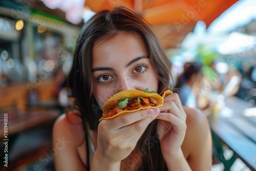 Woman enjoying a taco at a restaurant  perfect for food industry promotions