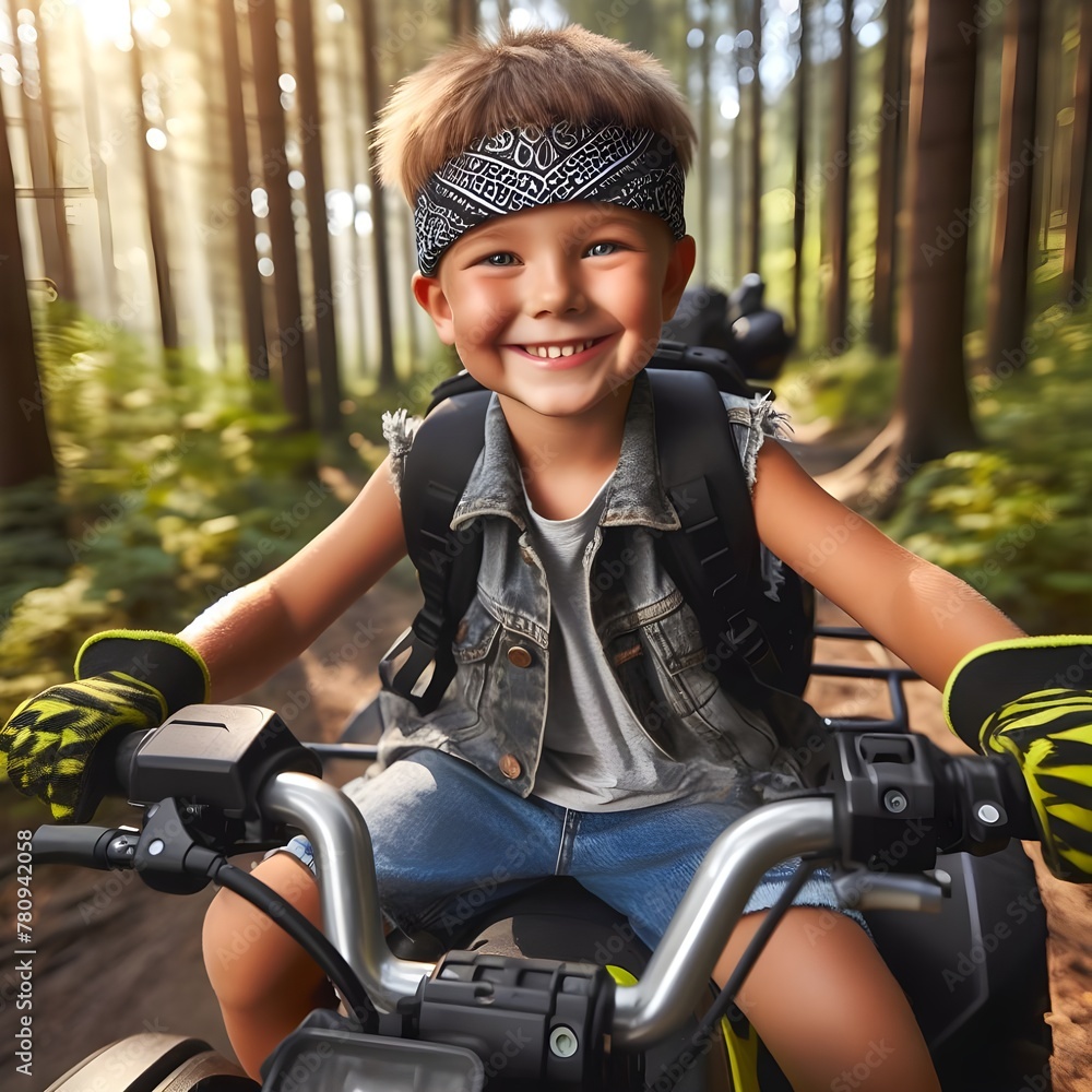 happy 7 year old boy in bandanas are riding an ATV off-road in the forest