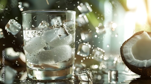 Visual composition of a glass of coconut water with ice cubes scattered in the air. Conceptual theme of fresh coconut in summer refreshing feeling and energized lighting.
