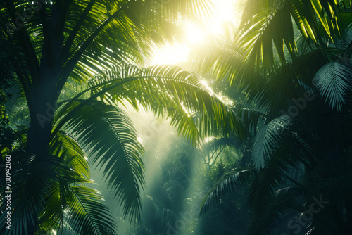 Green background with green leaves of palm trees and trees with haze and sunlight shining through them 