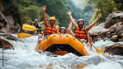 A group of four, donning life jackets and helmets, exudes excitement while navigating a raft through challenging river rapids - Generative AI