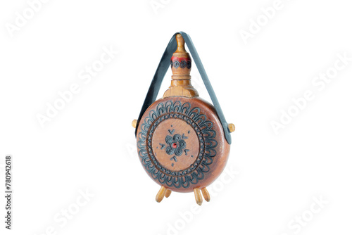 Fotografia Antique Vintage Wooden Flask Bottle isolated on white background