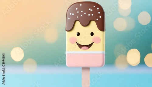 Cute happy cartoon popsicle character, dipped in chocolate and sprinkles, smiling for summer treat time.
