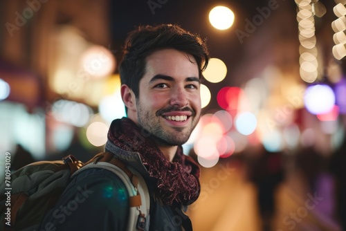 Portrait of a handsome young man with backpack in the city at night © Igor