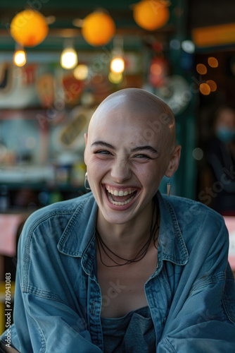A bald woman joyfully smiles directly at the camera