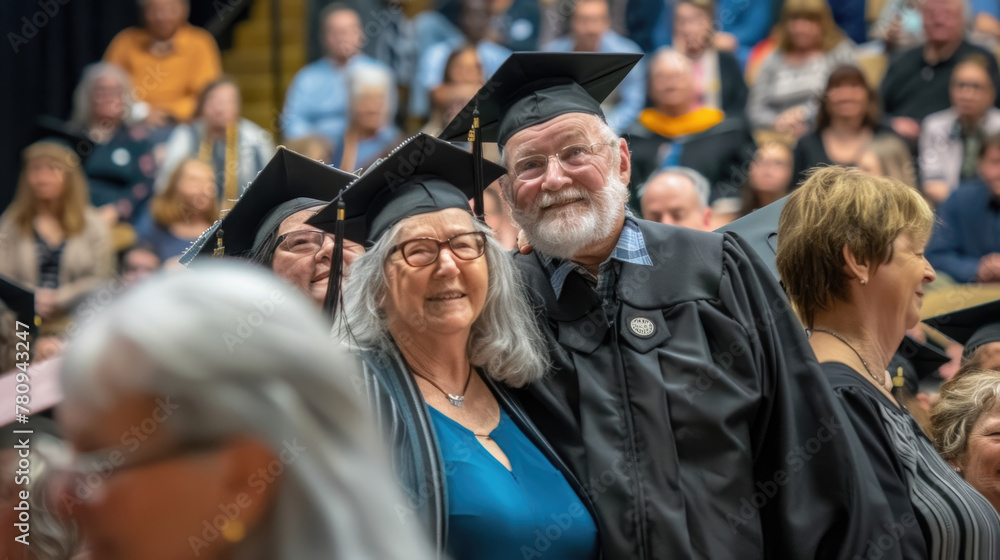 Two elderly graduates in caps and gowns smiling with pride during a graduation ceremony in a crowded auditorium Two elderly graduates in caps and gowns smiling with pride during a graduation ceremony in a crowded auditorium