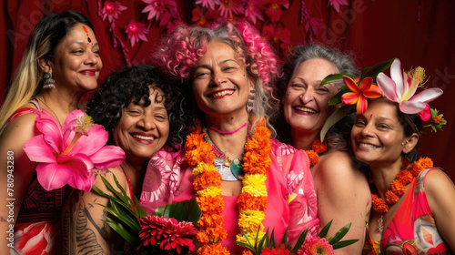 A group of women smile brightly, adorned in flowers and colorful attire, exuding happiness and unity at a festive celebration
