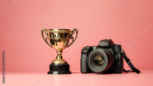 appareil photo reflex à côté d'un trophée en or pour un concours photo - fond rose