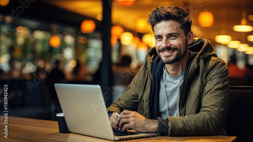 Smiling Man Using Laptop in a Cozy Cafe Setting