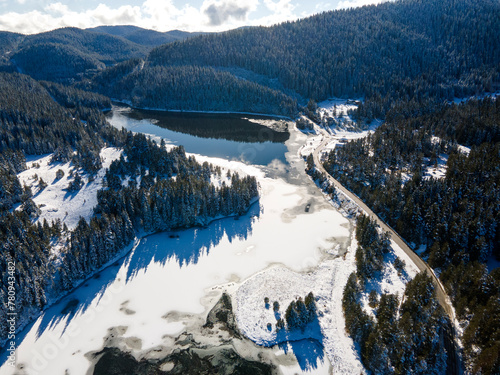 Aerial winter view of Beglika Reservoir, Bulgaria