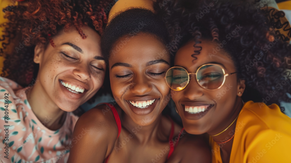Three African American women share a genuine moment of friendship and laughter, huddled together indoors, radiating happiness and togetherness Three African American women share a genuine moment of friendship and laughter, huddled together indoors, radiating happiness and togetherness