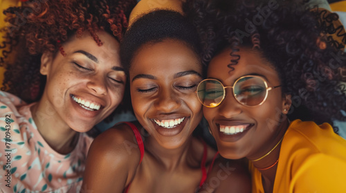 Three African American women share a genuine moment of friendship and laughter, huddled together indoors, radiating happiness and togetherness photo