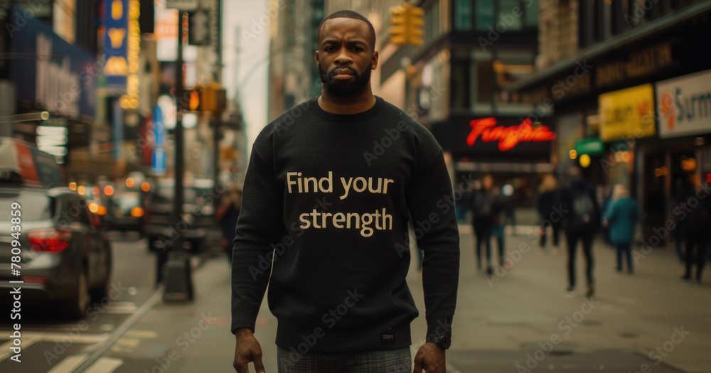 African American man stands on a bustling city street, wearing a sweatshirt bearing the text Find Your Strength