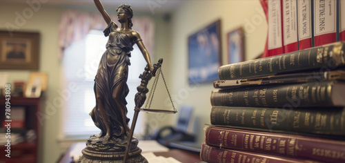 A statue of Lady Justice seated on top of a desk, symbolizing fairness and impartiality in law and justice photo