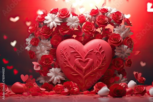 3D red heart surrounded by roses on a romantic background