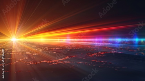 This is a lens flare effect with an abstract sun burst on a black background. The abstract shade of the sun burst includes a gradual blinking of the sun, a lens flare optical ray, a sunburst, an photo