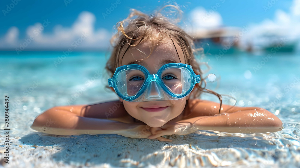 Girl swims in the pool with glasses for swimming.