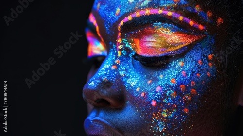 Sculpture of a fashion model woman posing in UV light and wearing colorful make-up, art design of female disco dancers. Isolated on black background.