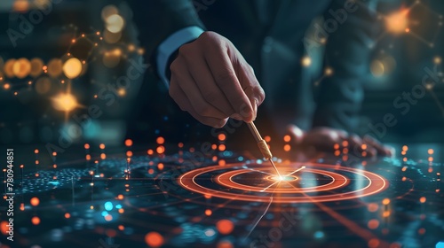 Businessman aims arrow at a virtual target dartboard, precision in setting objectives for business investments visualizes strategic approach to achieving goals and hitting targets in business.