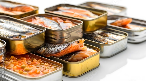 canned sardine cans stacked in a pile, with an open isolated on white background