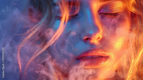 Portrait of a beautiful model in bright lights with colorful smoke. Close-up of a female inhaling an electronic cigarette. Nightlife concept.